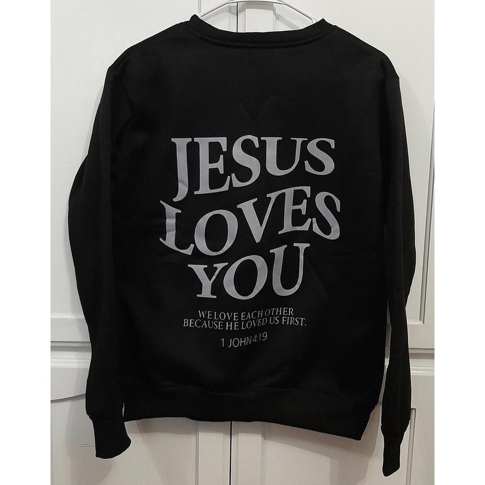 NEW Women's Jesus Loves You Black Sweatshirt Size Small Double Sided